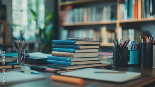 Neatly stacked books and a variety of stationery items such as paper clips and markers laid out on a table, creating a realistic workspace setup