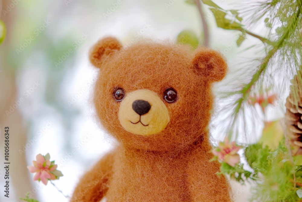 A charming handmade teddy bear stands among flowers in a sunlit garden, capturing a whimsical and serene moment A charming handmade teddy bear stands among flowers in a sunlit garden, capturing a whimsical and serene moment