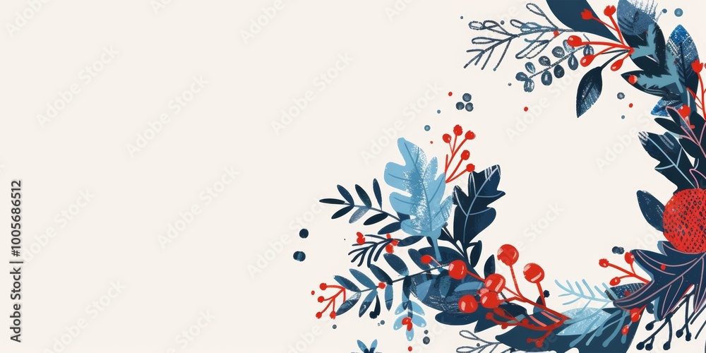 A wreath of flowers with a blue background. The wreath is in the center of the image A wreath of flowers with a blue background. The wreath is in the center of the image