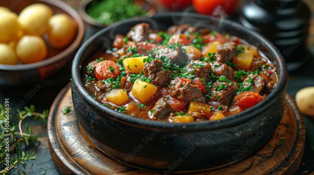 A bowl of stew with meat and vegetables sits on a wooden table A bowl of stew with meat and vegetables sits on a wooden table