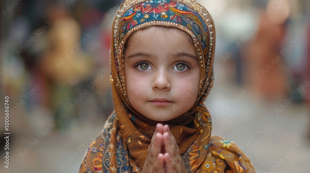 A young girl in a vibrant headscarf expresses spirituality in a bustling market during daytime. Generative AI A young girl in a vibrant headscarf expresses spirituality in a bustling market during daytime. Generative AI