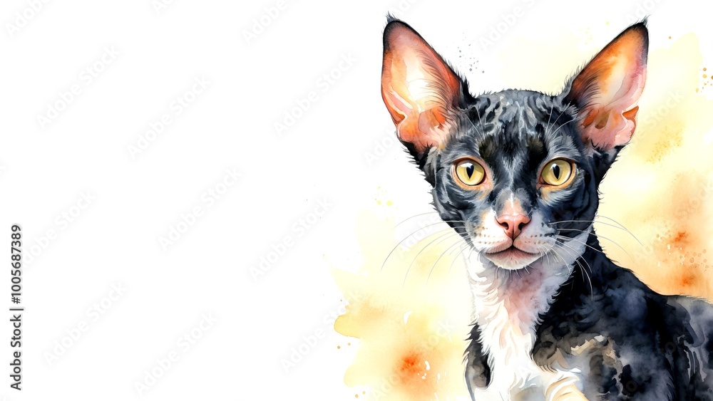 Black white Cornish Rex cat, captured in a serene watercolor portrait. Drawing. Art. Illustration. Copy Space. 2 Black white Cornish Rex cat, captured in a serene watercolor portrait. Drawing. Art. Illustration. Copy Space. 2
