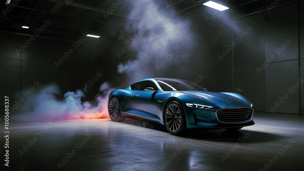 A sleek car model inside a wind tunnel, with swirling currents of smoke or colored air streams tracing its aerodynamic contours