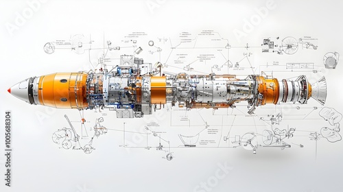 Fototapeta Naklejka Na Ścianę i Meble -  Detailed cutaway side view of a rocket under construction with exposed fuel tanks engines and control systems showcasing the complex engineering and technology behind modern spacecraft