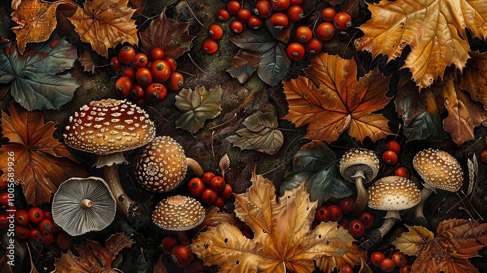 Fototapeta premium Autumn Forest Floor: Mushrooms and Berries Among Colorful Leaves