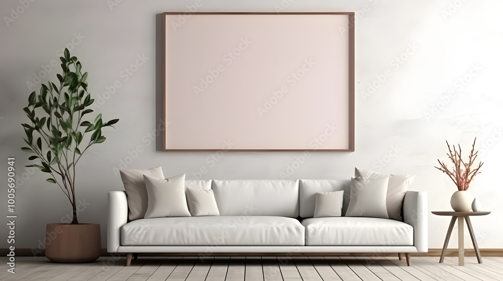 Minimalist living room with white sofa, blank framed canvas, and plants Minimalist living room with white sofa, blank framed canvas, and plants