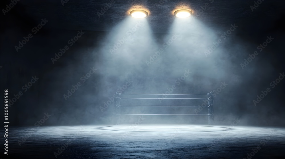 Dramatic photograph of an empty boxing ring with the bright lights focused on the center of the ring creating a powerful contrast against the surrounding shadows Dramatic photograph of an empty boxing ring with the bright lights focused on the center of the ring creating a powerful contrast against the surrounding shadows
