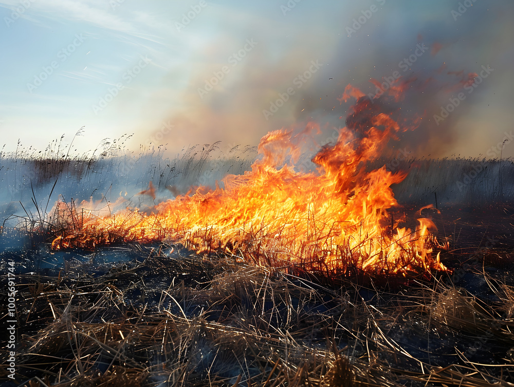 Intense flames consume vast dry grassland as a wildfire spreads rapidly, causing destruction and chaos. Intense flames consume vast dry grassland as a wildfire spreads rapidly, causing destruction and chaos.
