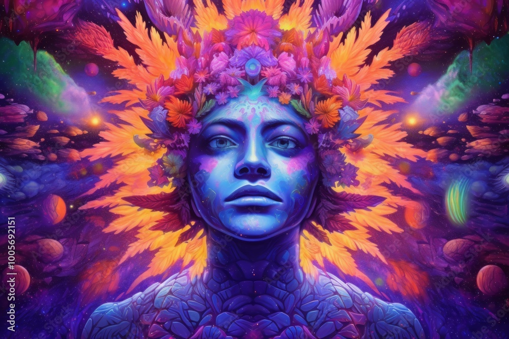 Fototapeta premium A vibrant, surreal portrait of a person with floral elements.
