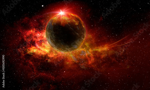beautiful abstract red planet in space on starry sky, abstract space 3d illustration, background
