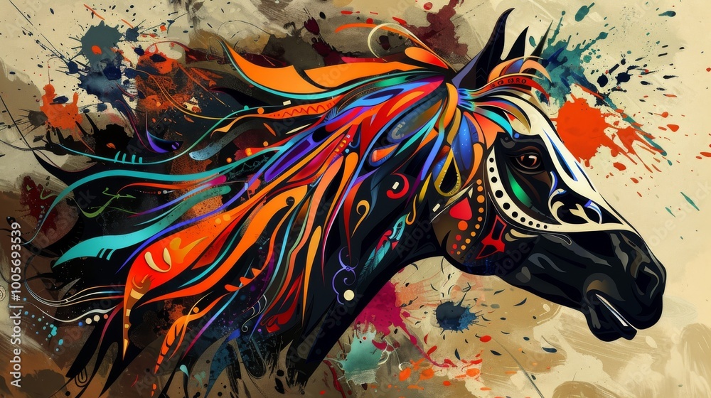 Obraz premium Male artist's depiction of a horse head with vibrant tribal designs.