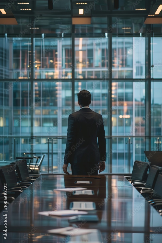 A CEO in a sleek, modern boardroom, consulting a playbook on business transformation strategies, their expression showing a mix of determination and visionary thinking. A CEO in a sleek, modern boardroom, consulting a playbook on business transformation strategies, their expression showing a mix of determination and visionary thinking.