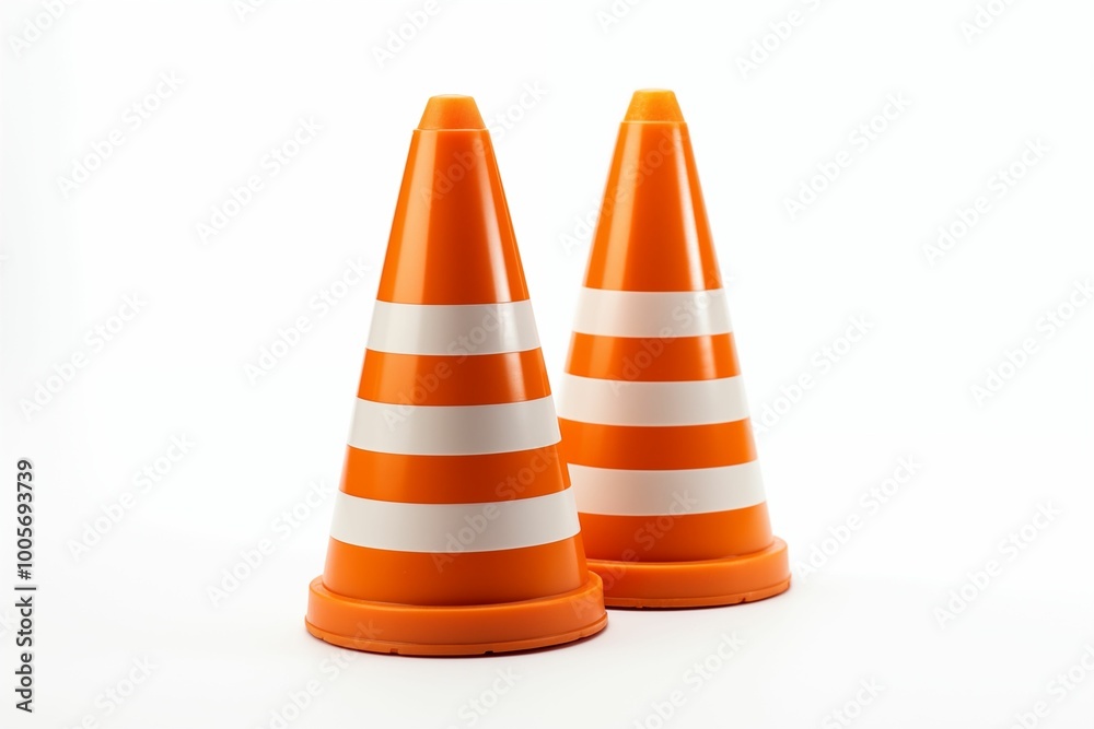 Two pylons isolated on white background, street orange and white cones. Generative ai Two pylons isolated on white background, street orange and white cones. Generative ai