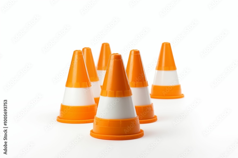 Group of orange and white street cones isolated on white background. Generative ai Group of orange and white street cones isolated on white background. Generative ai