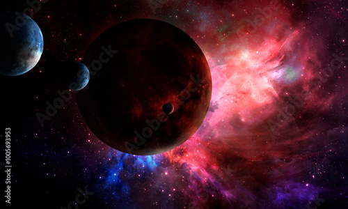 beautiful abstract red moon, planet in space on starry sky, abstract space 3d illustration, background, 3d rendering