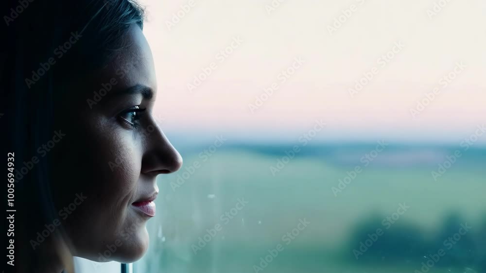 Contemplative woman gazing out window at dusk with soft horizon Contemplative woman gazing out window at dusk with soft horizon