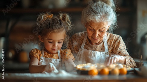 A grandmother and granddaughter baking together, sharing a joyful moment in the kitchen.