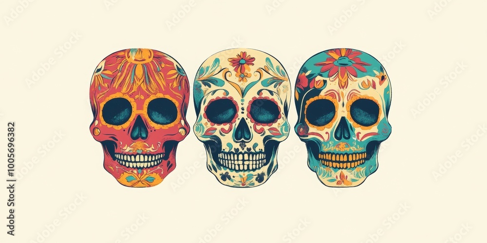 Vibrant illustration of three Mexican sugar skulls adorned with intricate floral designs, perfect for Day of the Dead celebrations.