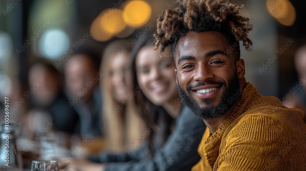 A group of friends enjoying a lively moment at a café, smiling and engaging with each other.