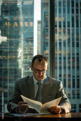 A crisis management consultant in a high-rise office, flipping through a corporate playbook, their face showing calm resolve and strategic foresight as they prepare for a board meeting.