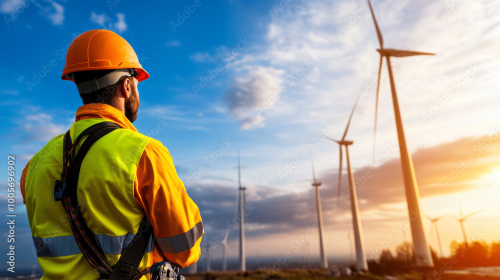 Engineer observing wind turbines at sunset Engineer observing wind turbines at sunset