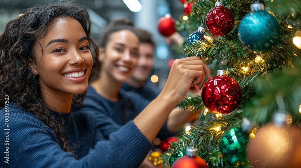 A group of friends joyfully decorating a Christmas tree with colorful ornaments and lights. A group of friends joyfully decorating a Christmas tree with colorful ornaments and lights.