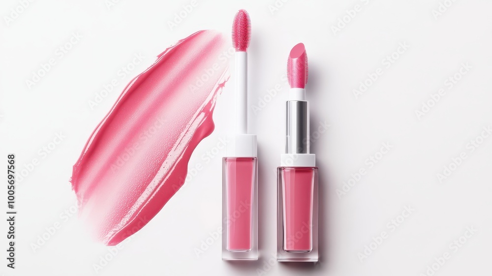 Obraz premium Pink lip gloss tint with color shading pallete smudge gel,Liquid lipsticks with smudge stroke paint,makeup cosmetic lips, product mockup for beauty fashion business,sale,swatch color,template.