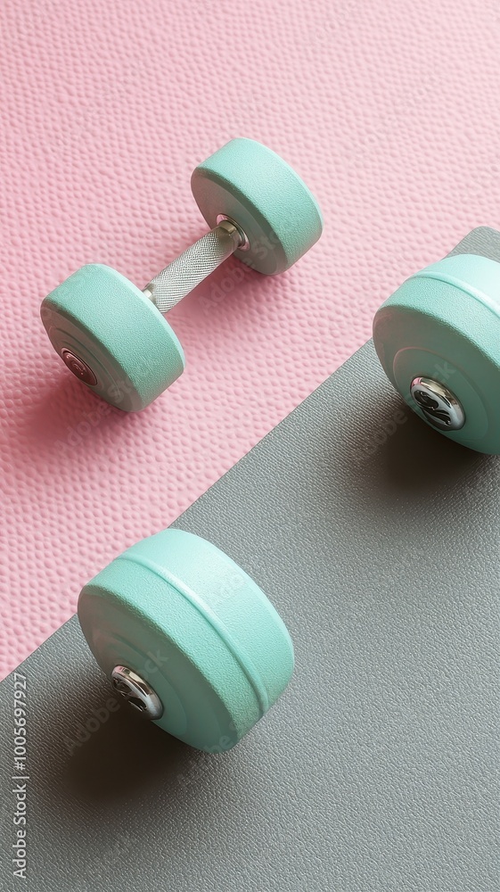 Women's fitness concept with lightweight dumbbells and headphones on the background of a gray yoga mat,Sport or workout concept flat lay,minimalist fitness gear,fitness week,Copy space. Women's fitness concept with lightweight dumbbells and headphones on the background of a gray yoga mat,Sport or workout concept flat lay,minimalist fitness gear,fitness week,Copy space.