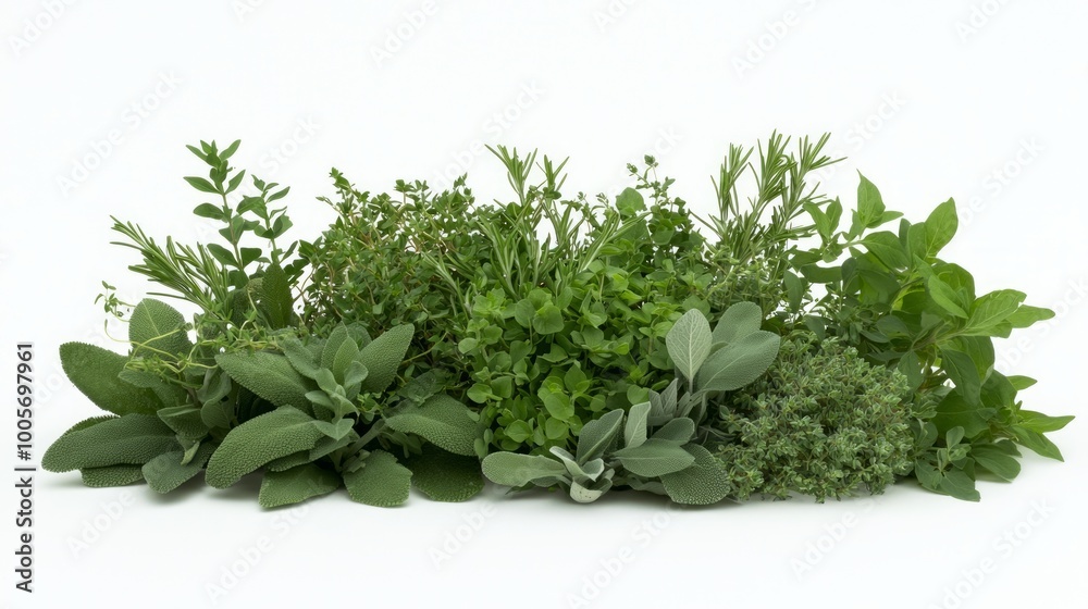 Obraz premium Autumn Harvest: Fresh Sage and Thyme Herbs on White Background