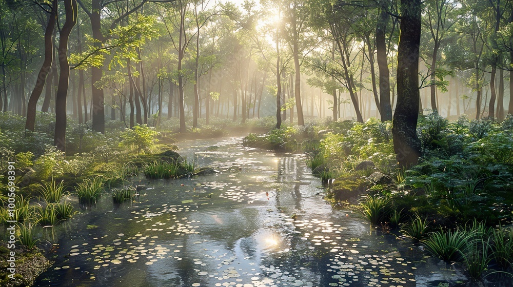 Fototapeta premium Sunlit Forest Stream: A Tranquil Morning Landscape