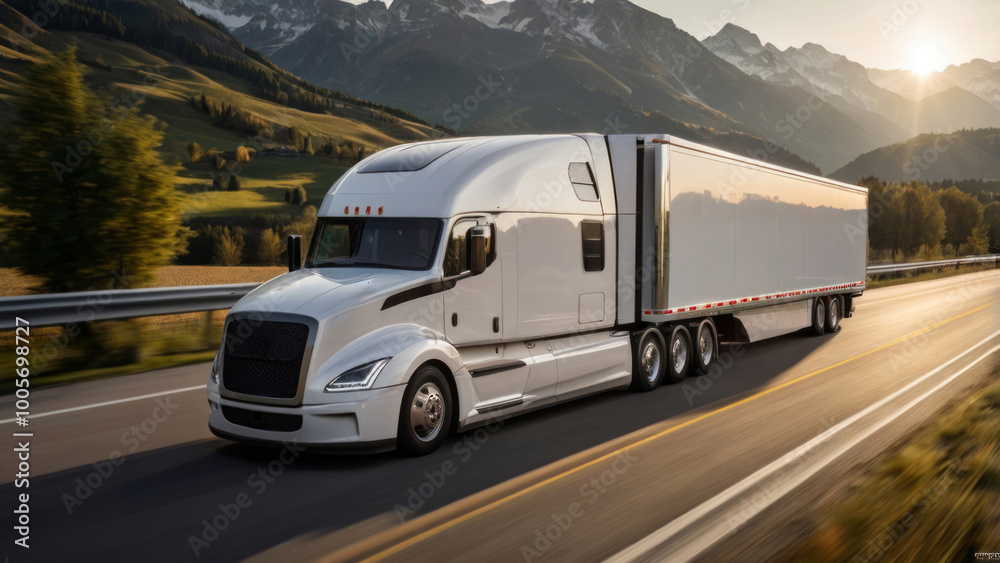 photorealistic image of a sleek, futuristic semi-trailer truck
