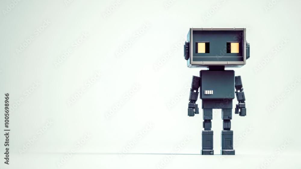 Black robot standing on white background with glowing eyes Black robot standing on white background with glowing eyes