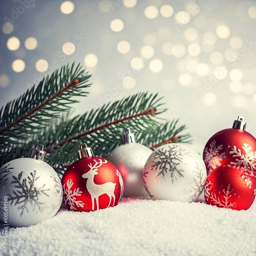 Elegant holiday decorations with red and silver ornaments nestled in snow alongside a green pine branch, set against a softly lit backdrop
