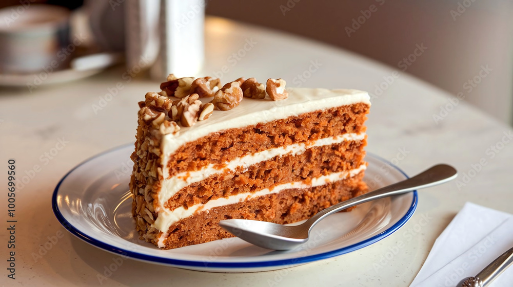 A mouthwatering slice of carrot cake with cream cheese frosting, served on a plate in a cozy cafe setting, perfect for dessert or bakery themes. A mouthwatering slice of carrot cake with cream cheese frosting, served on a plate in a cozy cafe setting, perfect for dessert or bakery themes.