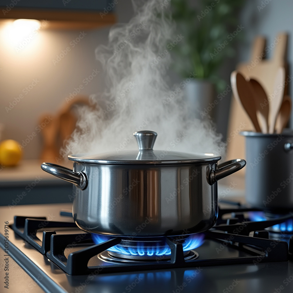 stainless steel pot with steam rising sits on a gas stove with blue flames, in a modern kitchen stainless steel pot with steam rising sits on a gas stove with blue flames, in a modern kitchen