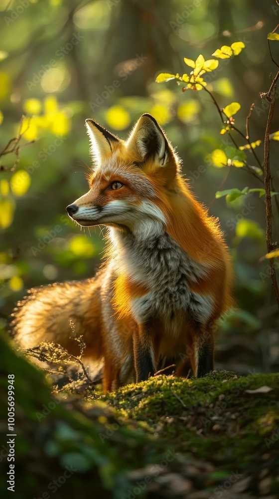 Fototapeta premium Capture the elusive charm of a fox in its natural habitat, showcasing its sleek orange fur, bushy tail, and keen expression as it gracefully navigates through a lush forest, illuminated by dappled sun