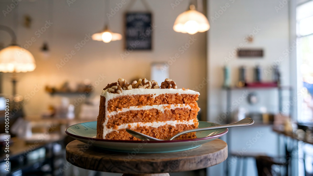 A mouthwatering slice of carrot cake with cream cheese frosting, served on a plate in a cozy cafe setting, perfect for dessert or bakery themes. A mouthwatering slice of carrot cake with cream cheese frosting, served on a plate in a cozy cafe setting, perfect for dessert or bakery themes.
