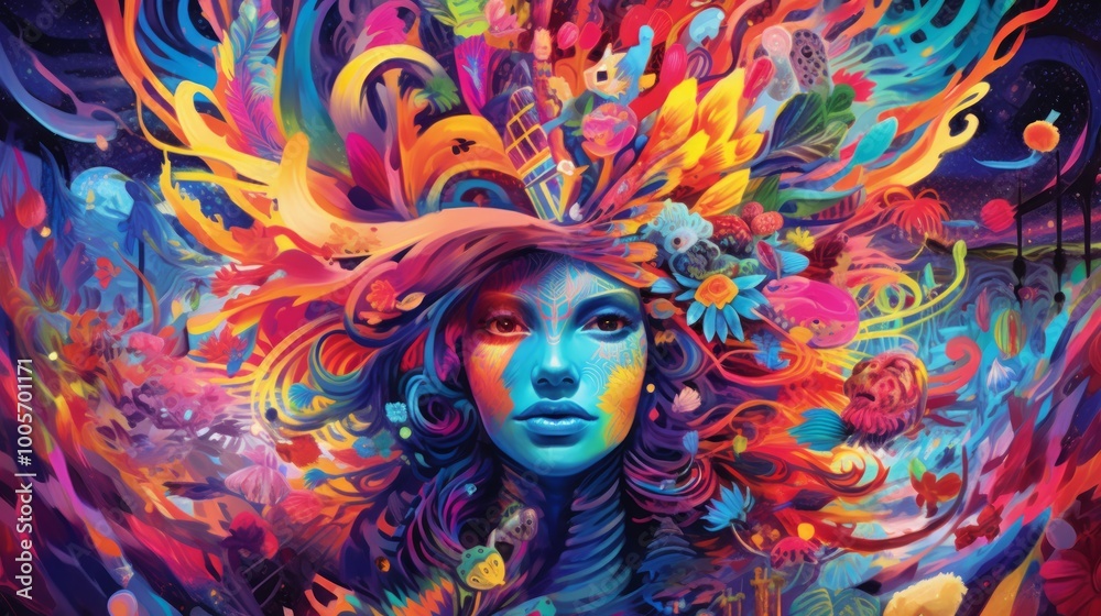 A vibrant, surreal portrait of a woman surrounded by colorful elements. A vibrant, surreal portrait of a woman surrounded by colorful elements.