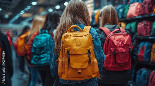 A group of people with colorful backpacks in a retail store setting.