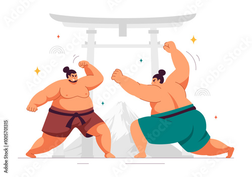 Sumo Wrestler Vector Illustration with Fighting Japanese Traditional Martial Art and Sport Activity in a Flat Style Cartoon Background
