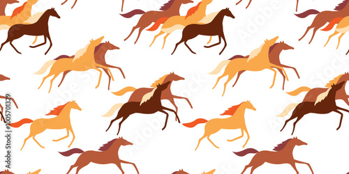 Seamless pattern with running horses. Abstract silhouettes of mustang animals in a herd. Vector graphics.