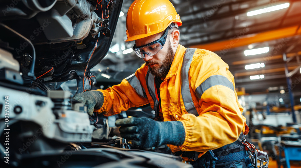 Mechanic working on car engine in workshop Mechanic working on car engine in workshop