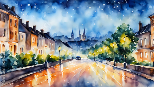 Summer landscape. Drawing in watercolor. city lights in the distance blurring into bokeh, romantic atmosphere