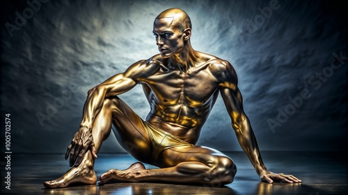 Sculpted man with metallic gold body paint in dramatic lighting