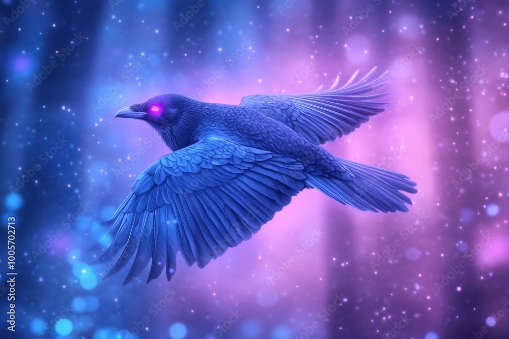 Obraz premium Mystical Raven in Flight: A majestic raven with glowing red eyes soars through a fantastical forest, its wings outstretched against a backdrop of shimmering blue and pink light.