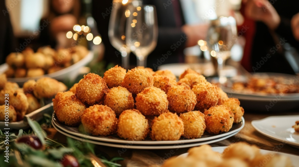 A festive gathering featuring a large platter of arancini as part of a buffet, surrounded by friends and family enjoying various dishes, evoking a warm and celebratory vibe.