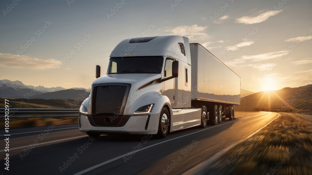 photorealistic image of a sleek, futuristic semi-trailer truck photorealistic image of a sleek, futuristic semi-trailer truck