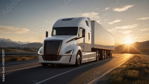 photorealistic image of a sleek, futuristic semi-trailer truck