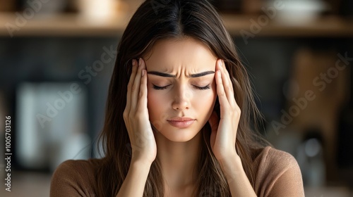 A woman rubbing her temples with a frustrated expression, overwhelmed by a difficult situation