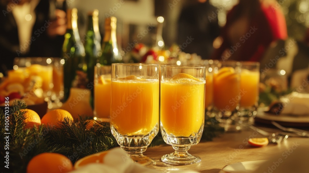 A festive gathering featuring a variety of beverages, including freshly squeezed orange juice served in beautiful glassware, surrounded by friends enjoying the celebration A festive gathering featuring a variety of beverages, including freshly squeezed orange juice served in beautiful glassware, surrounded by friends enjoying the celebration
